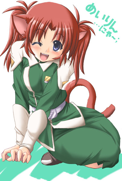tonpuu, meyrin hawke, gundam, gundam seed, gundam seed destiny, 00s, 1girl, :d, animal ears, blue eyes, blush, cat ears, cat tail, female focus, kemonomimi mode, one eye closed, open mouth, red hair, short hair, simple background, smile, solo, tail, v arms, wink