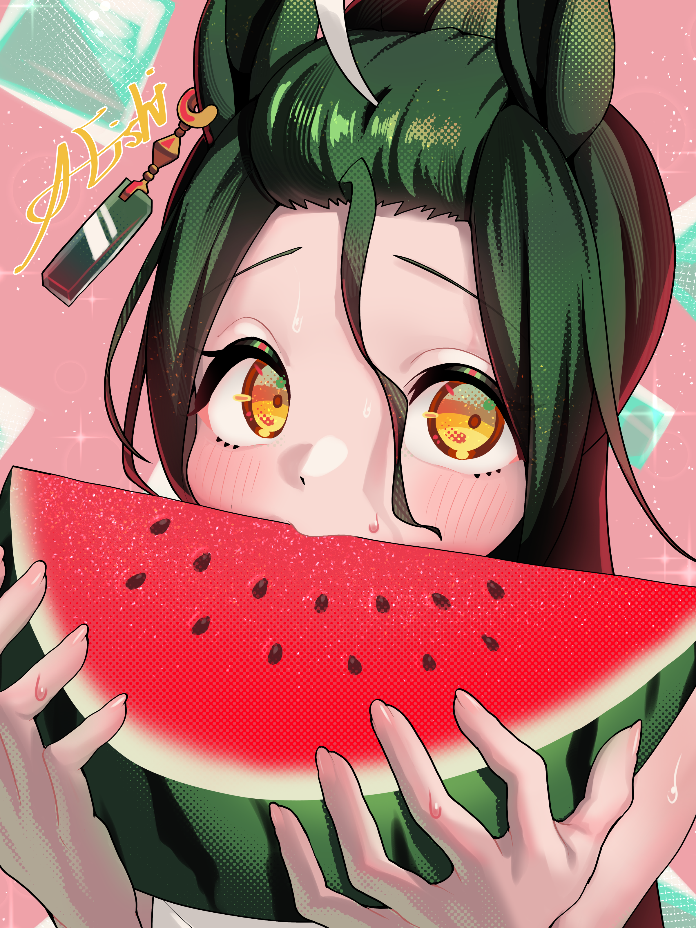 a4 (a4 eishi), manhattan cafe (umamusume), umamusume, absurdres, highres, 1girl, ahoge, animal ears, black hair, ear tag, eating, food, fruit, hair between eyes, holding, holding food, holding fruit, holding watermelon, horse ears, horse girl, long hair, looking at viewer, multicolored hair, solo, two-tone hair, watermelon, watermelon slice, white hair, yellow eyes