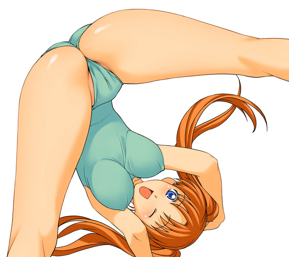 a1 (initial-g), mia guillem, kaleido star, 00s, 1girl, ass, blue eyes, breasts, cameltoe, cleavage, covered erect nipples, female focus, hands reach floor, large breasts, leotard, long hair, one eye closed, orange hair, partially visible vulva, simple background, solo, spread legs, swimsuit, taut clothes, top-down bottom-up, twintails, upside-down, wink