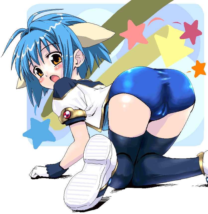 mint blancmanche, broccoli (company), galaxy angel, 00s, 1girl, all fours, ass, blue thighhighs, buruma, cameltoe, female focus, from behind, gloves, gym uniform, knees together feet apart, looking back, open mouth, pointy ears, solo, thighhighs