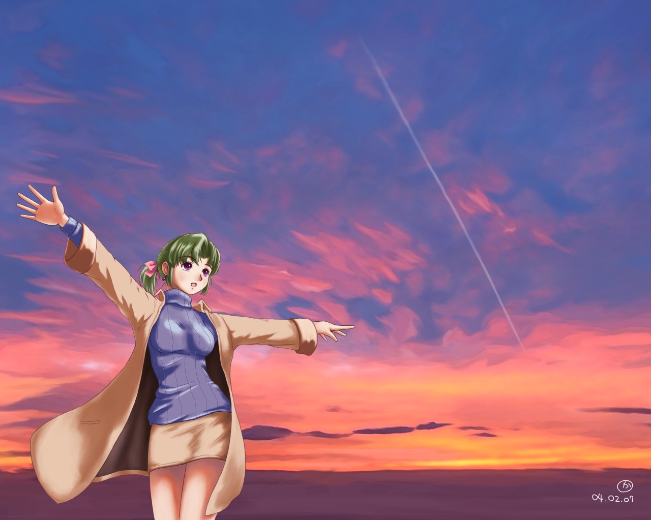 hatsuseno alpha, yokohama kaidashi kikou, 1girl, cloud, coat, contrail, dated, female focus, green hair, miniskirt, outdoors, outstretched arms, pencil skirt, pointing, ponytail, purple eyes, skirt, sky, solo, spread arms, sunset, sweater, turtleneck