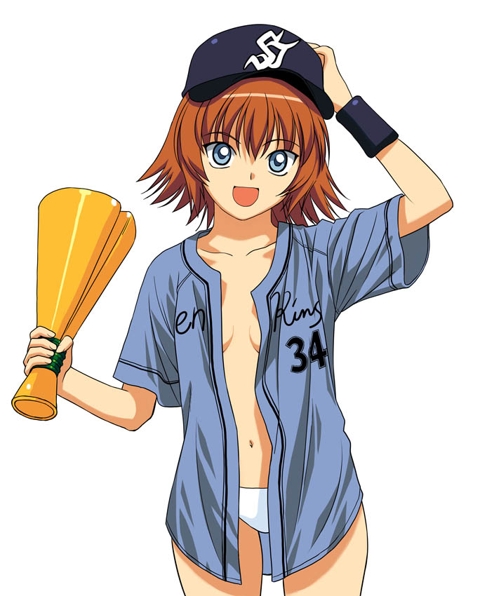 a1 (initial-g), rosetta passel, kaleido star, 00s, 1girl, baseball, female focus, hand on headwear, no bra, no pants, open clothes, open shirt, panties, shirt, solo, underwear, white panties