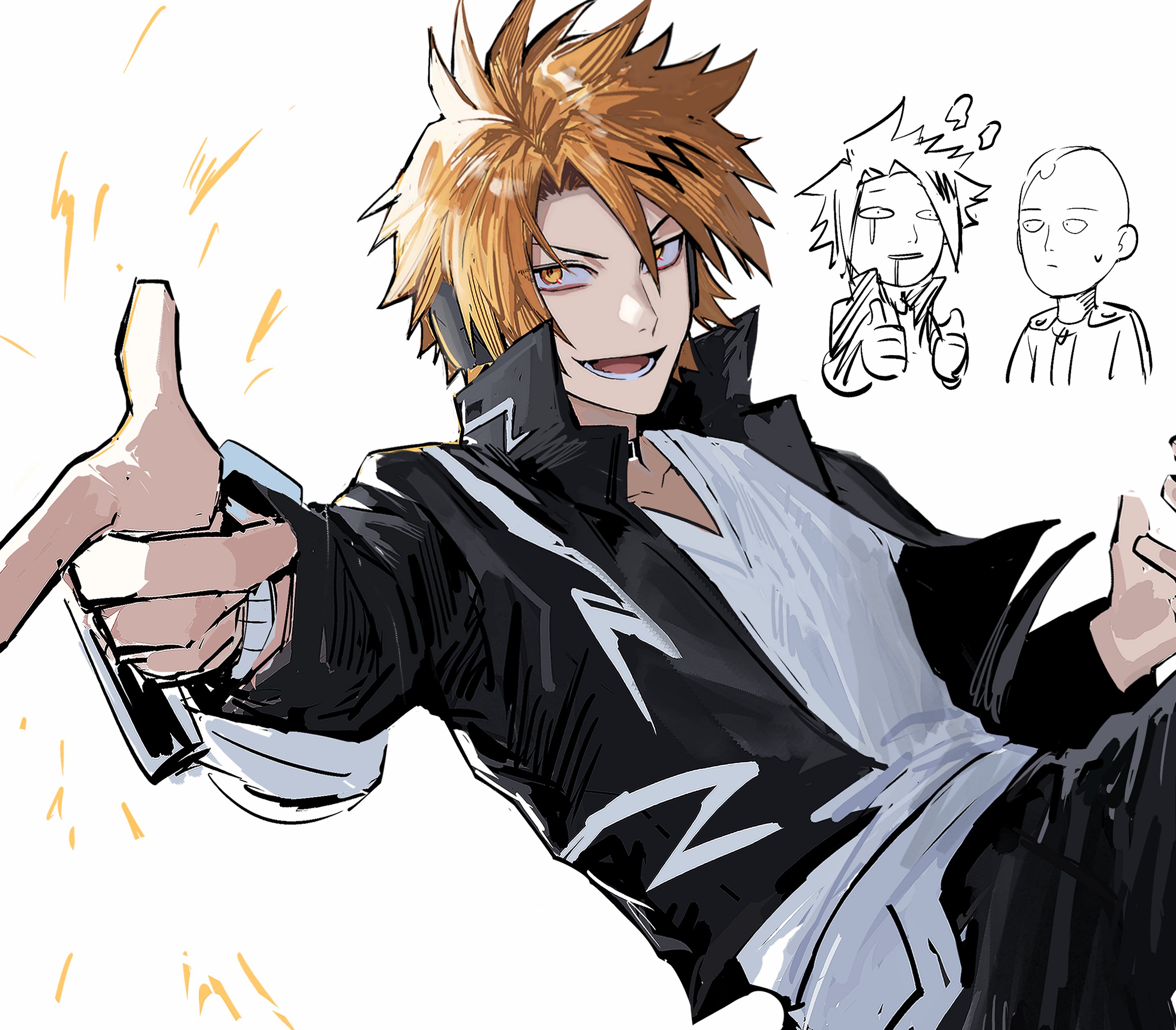 kaminari denki, saitama (one-punch man), boku no hero academia, one-punch man, absurdres, highres, 0x0x0x ox, 2boys, black choker, blonde hair, choker, cowboy shot, headphones, jacket, long sleeves, lower teeth only, male focus, multicolored hair, multiple boys, open clothes, open jacket, open mouth, short hair, simple background, solo focus, spiked hair, teeth, tongue, v-neck, white background, yellow eyes
