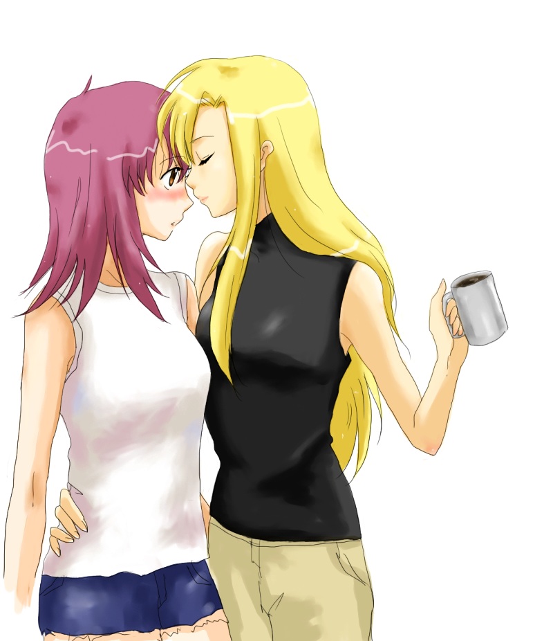 layla hamilton, naegino sora, kaleido star, 00s, 2girls, arm around back, bare shoulders, blonde hair, blush, brown eyes, coffee, hug, imminent kiss, long hair, multiple girls, purple hair, simple background, sleeveless, sleeveless turtleneck, turtleneck, white background, yellow eyes, yuri