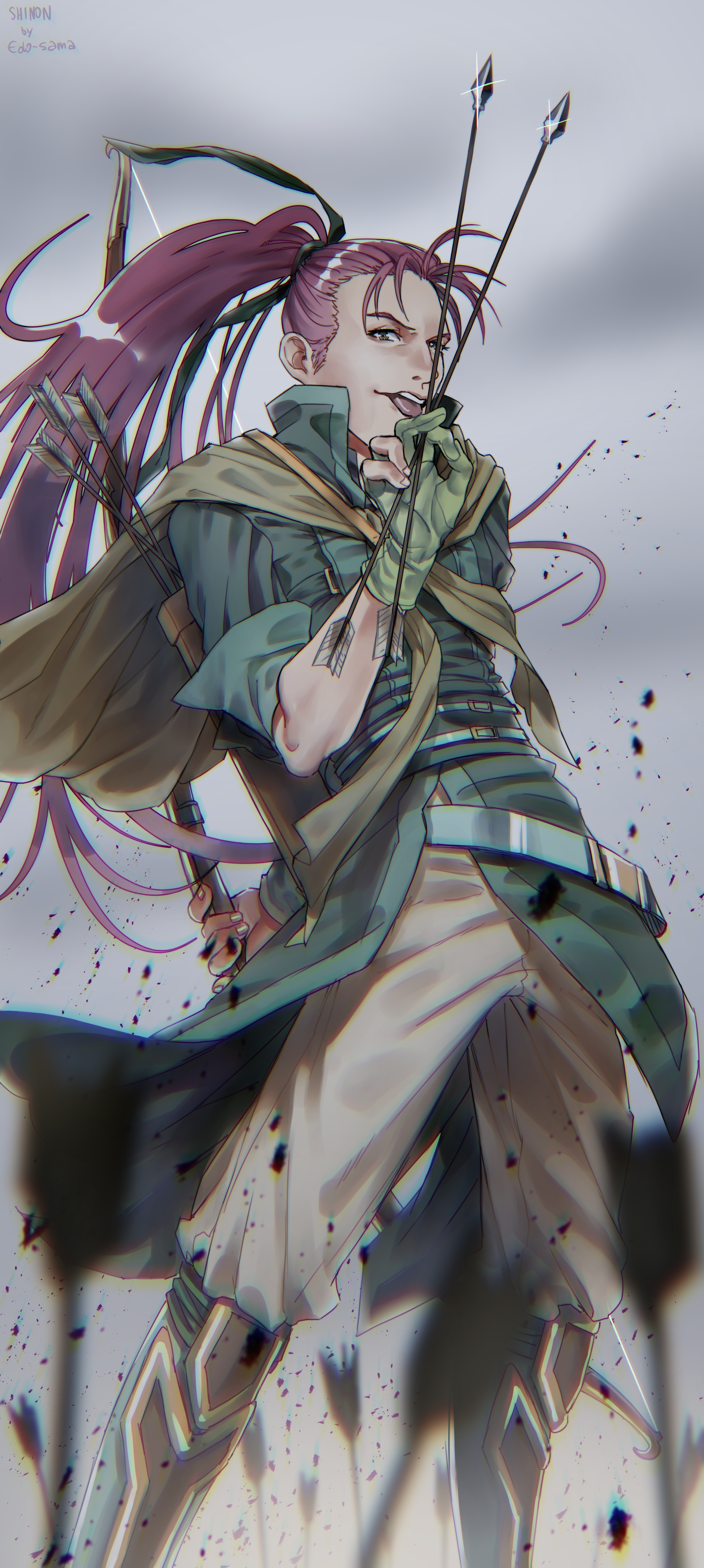 edo-sama, shinon (fire emblem), fire emblem, fire emblem: path of radiance, nintendo, absurdres, commentary, highres, 1boy, arm behind back, arrow (projectile), artist name, bow (weapon), character name, chromatic aberration, glint, gloves, holding, holding arrow, holding bow (weapon), holding weapon, long hair, male focus, ponytail, quiver, red hair, single glove, solo, tongue, tongue out, weapon