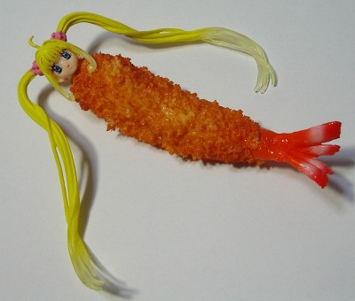 ebi, nanami lucia, mermaid melody pichi pichi pitch, lowres, photo (medium), 00s, ahoge, blonde hair, blue eyes, figure, food, head swap, long hair, mermaid, monster girl, shrimp, shrimp tempura, solo, tempura, twintails, very long hair, what