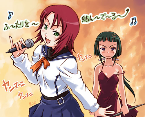 maruto!, okuzaki akira, yuuki nao, madlax, my-hime, lowres, translated, 2girls, angry, bare shoulders, dress, green eyes, green hair, holding, holding microphone, karaoke, long hair, long sleeves, lyrics, microphone, multiple girls, music, parody, pleated skirt, ponytail, purple eyes, red hair, school uniform, serafuku, short hair, singing, skirt, strap slip, sweat