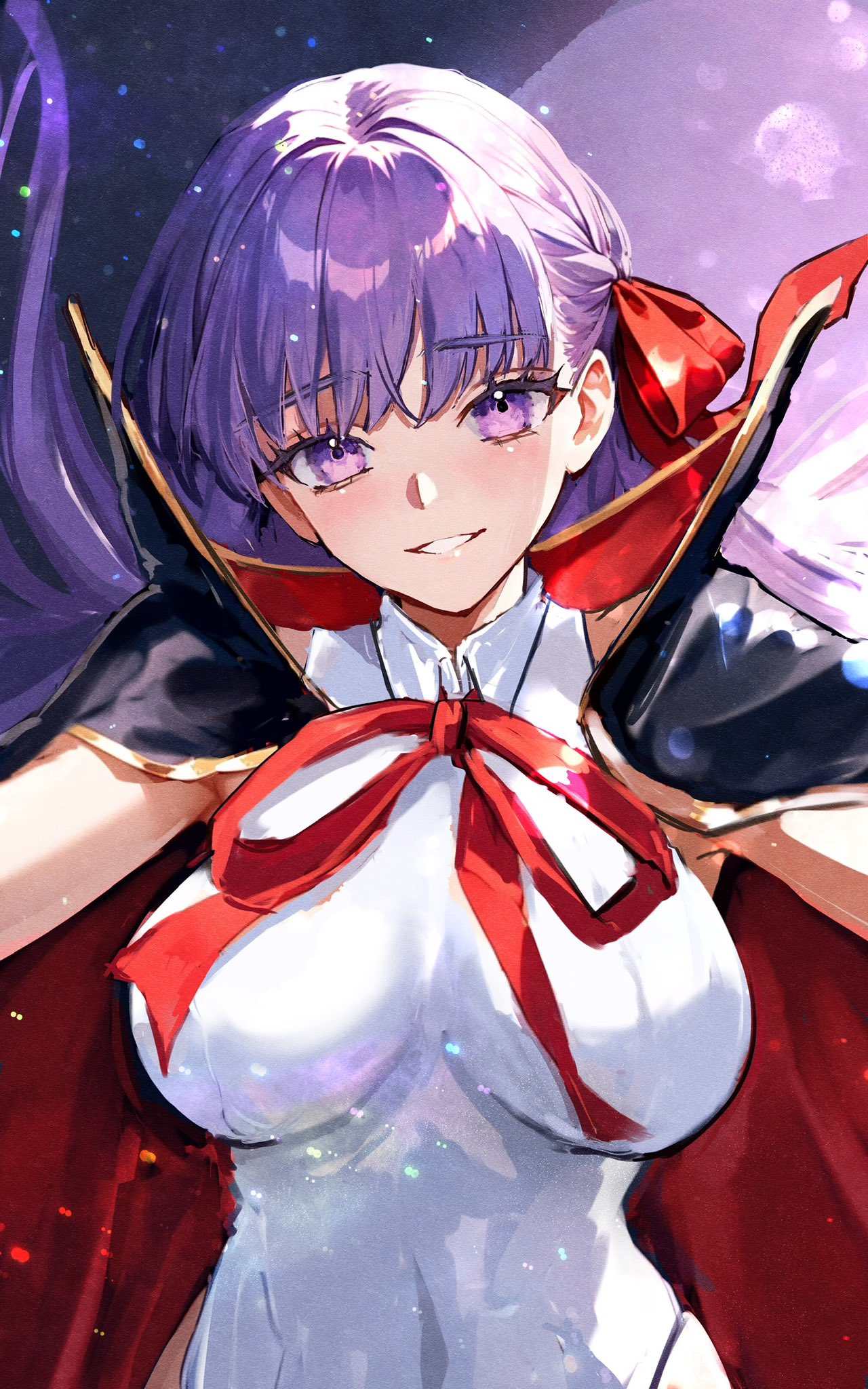 minestrongzzz, bb (fate), fate/grand order, fate (series), highres, 1girl, black cloak, blush, breasts, cloak, collared leotard, covered navel, grin, hair ribbon, large breasts, leotard, long hair, looking at viewer, neck ribbon, popped collar, purple eyes, purple hair, red ribbon, ribbon, smile, solo, very long hair, white leotard