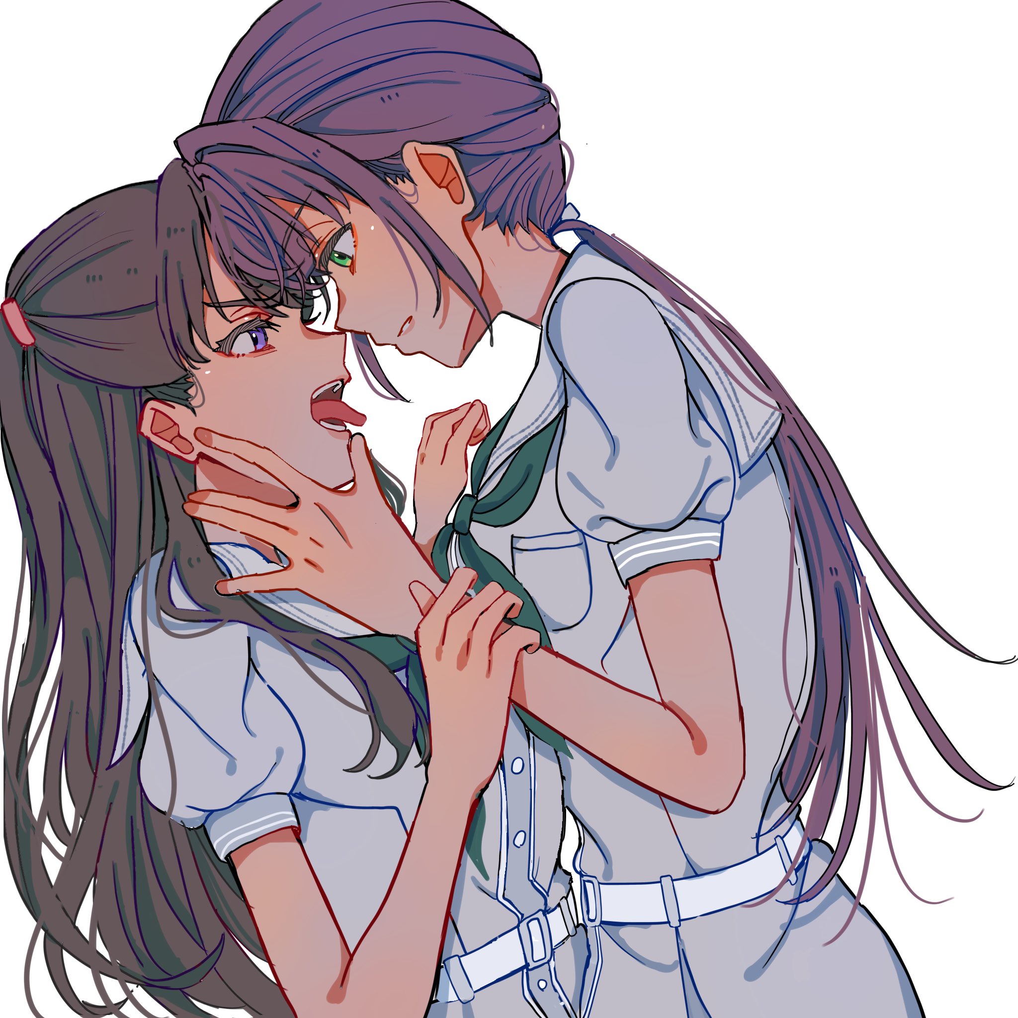 neko raa men, fujishima megumi, otomune kozue, link! like! love live!, love live!, highres, 2girls, brown hair, dress, green eyes, green neckerchief, hand on another's face, holding another's wrist, long hair, multiple girls, neckerchief, open mouth, parted lips, purple eyes, purple hair, sailor collar, sailor dress, short sleeves, simple background, tongue, tongue out, white background, white dress, white sailor collar, yuri