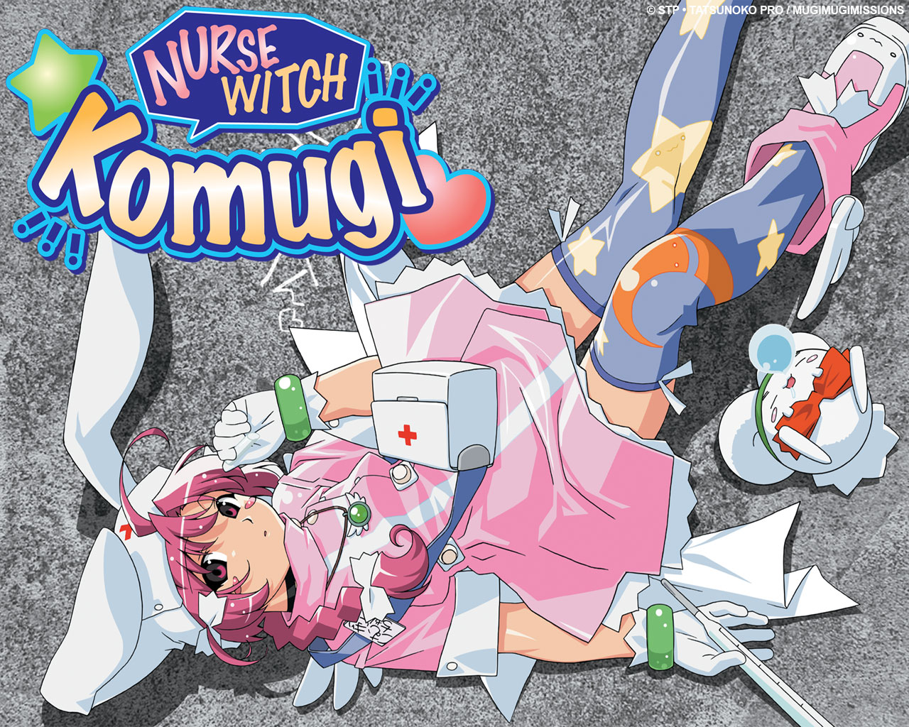 watanabe akio, mugimaru, nakahara komugi, nurse witch komugi-chan, winged footwear, 00s, 1girl, ahoge, animal hat, ankle boots, blush stickers, boots, bow, braid, female focus, gloves, hair bow, hat, jewelry, looking up, mugi-maru, necklace, nose bubble, nurse, pink eyes, pink hair, pouch, print thighhighs, purple thighhighs, shoes, snot, solo, thighhighs, wand, wings