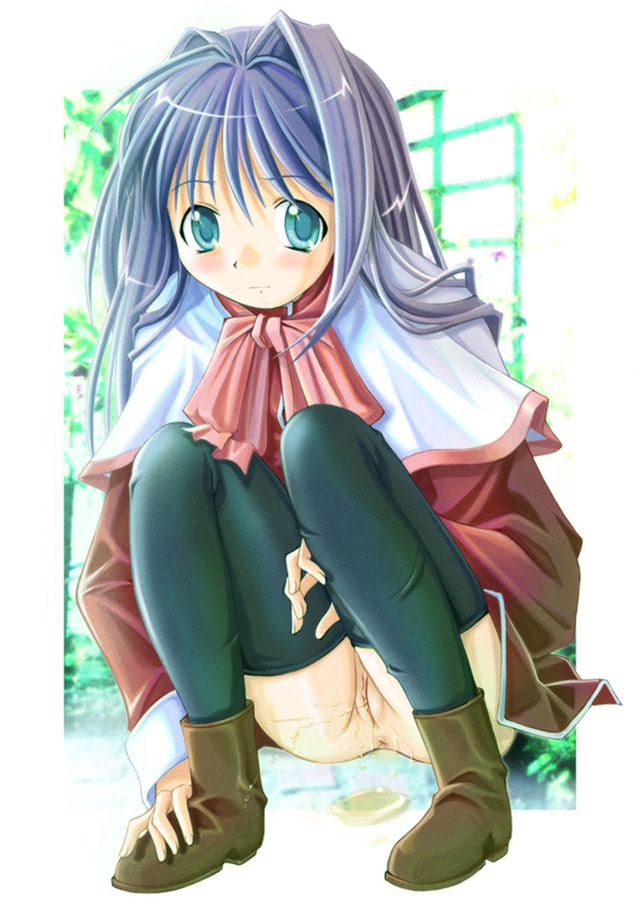 minase nayuki, kanon, 1girl, ankle boots, anus, aqua eyes, black thighhighs, blue eyes, blue hair, blush, boots, clothes lift, female focus, looking at viewer, matching hair/eyes, no panties, pee, peeing, pussy, school uniform, serafuku, skirt, skirt lift, solo, squatting, thighhighs, uncensored, white background