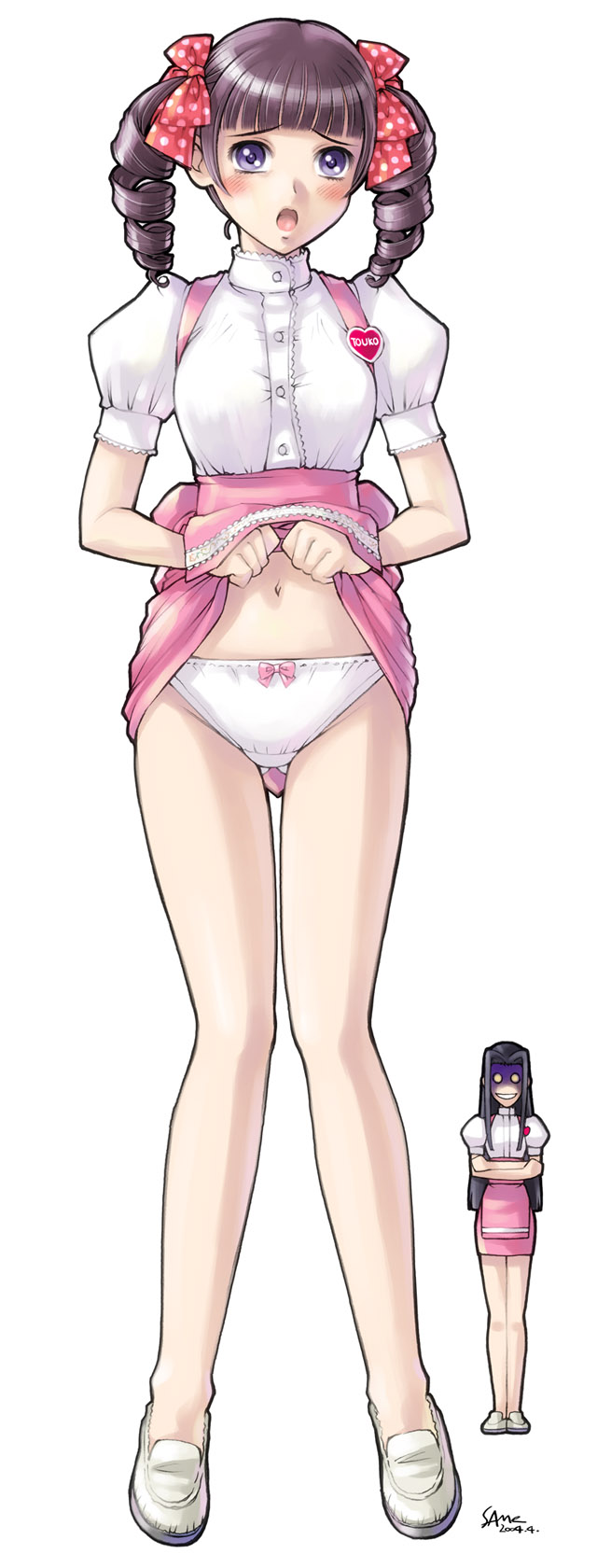 sameha ikuya, hosokawa kanako, matsudaira touko, anna miller, maria-sama ga miteru, highres, 00s, 2girls, bow, bow panties, clothes lift, drill hair, lifting own clothes, multiple girls, panties, skirt, skirt lift, thigh gap, thighs, twintails, underwear, waitress, white panties