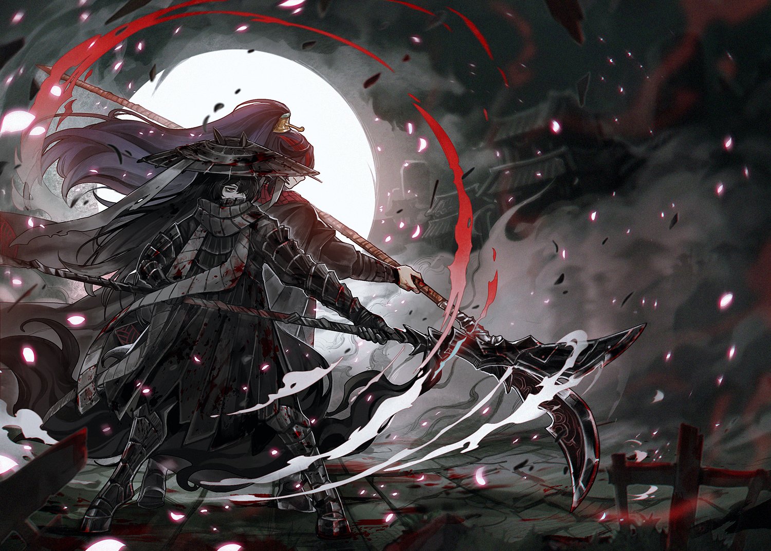 flaw eight, hong lu (project moon), yi sang (project moon), limbus company, project moon, 2boys, armor, back-to-back, bandaged head, bandages, black gloves, black hair, black hanfu, black jacket, chinese clothes, covered mouth, embers, family hierarch candidate (identity) (project moon), full body, gloves, grey scarf, hair flowing over, hair ornament, hanfu, hat, heishou pack-wu branch (identity) (project moon), high ponytail, holding, holding polearm, holding weapon, jacket, jacket on shoulders, long hair, moon behind head, multiple boys, official alternate costume, polearm, ponytail, red scarf, scarf, spread legs, standing, straw hat, swirl, very long hair, weapon