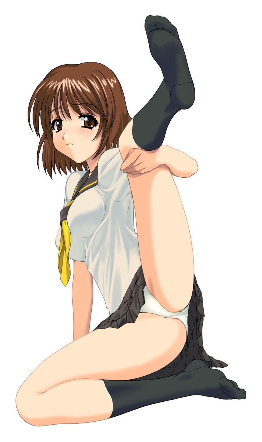 a1 (initial-g), herikawa koishi, onegai teacher, highres, 00s, 1girl, ass, blush, breasts, brown eyes, brown hair, feet, female focus, full body, kneeling, leg lift, legs, panties, pleated skirt, school uniform, serafuku, short hair, simple background, skirt, socks, solo, spread legs, underwear, white background, white panties