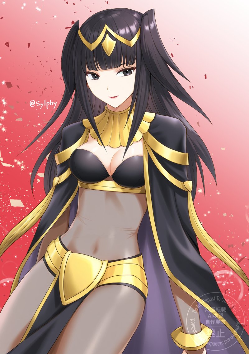 sylphy fe, tharja (fire emblem), fire emblem, fire emblem awakening, nintendo, 1girl, black bridal gauntlets, black hair, blunt bangs, bodystocking, bracelet, breasts, bridal gauntlets, cape, circlet, cleavage, closed mouth, covered navel, grey eyes, jewelry, long hair, looking at viewer, medium breasts, navel, see-through bridal gauntlets, skin tight, smile, solo, tiara, two-tone cape, two side up