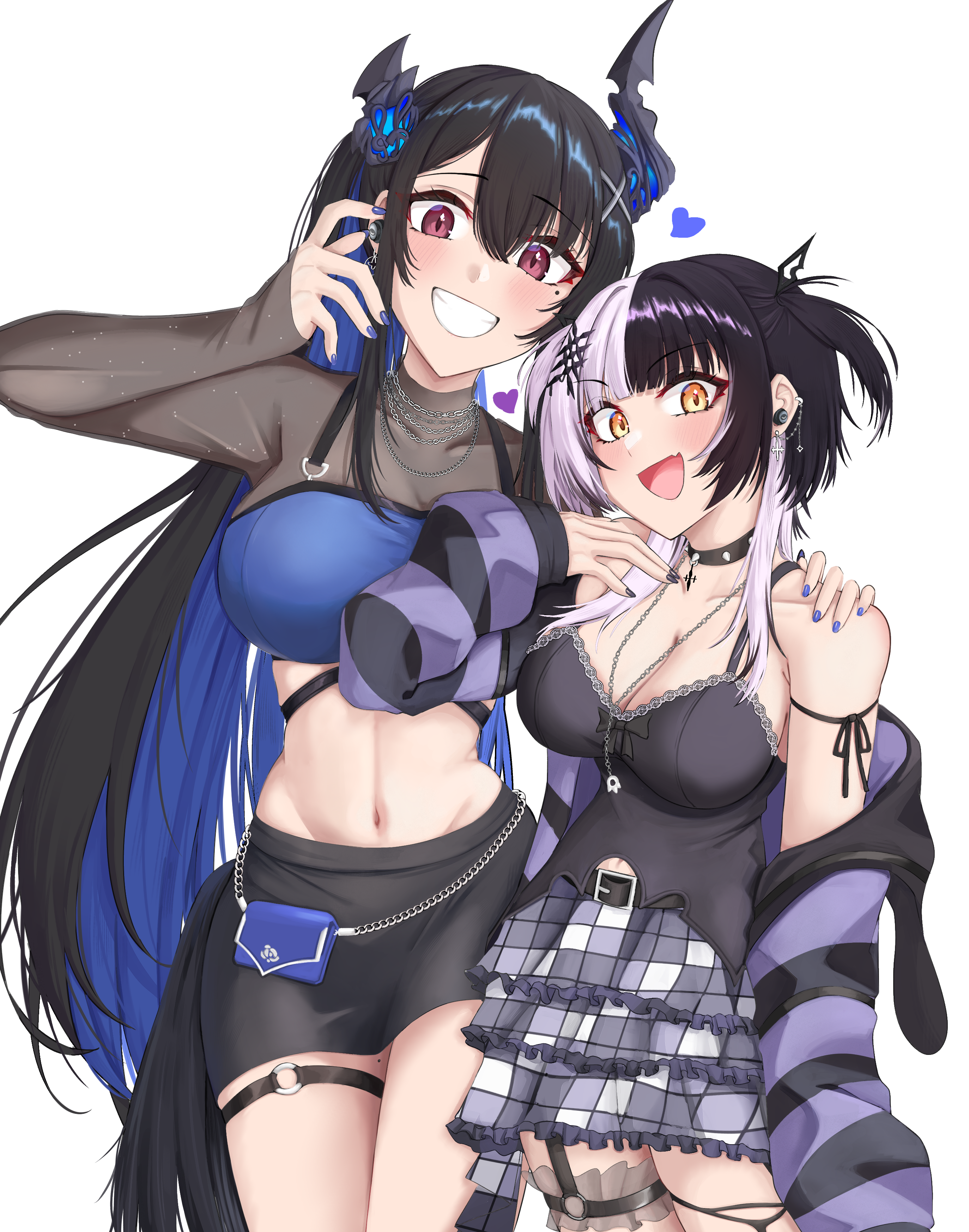 mmneko, absurdres, highres, 2girls, alternate costume, arm strap, asymmetrical horns, belt, black belt, black choker, black hair, black jacket, black shirt, black skirt, blue hair, breasts, choker, cleavage, colored inner hair, crop top, demon horns, ear piercing, grey hair, grey skirt, grin, heart, horns, jacket, jewelry, large breasts, layered skirt, long hair, looking at viewer, miniskirt, multicolored hair, multicolored jacket, multiple girls, navel, necklace, open mouth, piercing, purple eyes, purple jacket, shirt, skirt, smile, spiked choker, spikes, split-color hair, striped clothes, striped jacket, teeth, transparent background, two-tone hair, two-tone jacket, virtual youtuber, yellow eyes