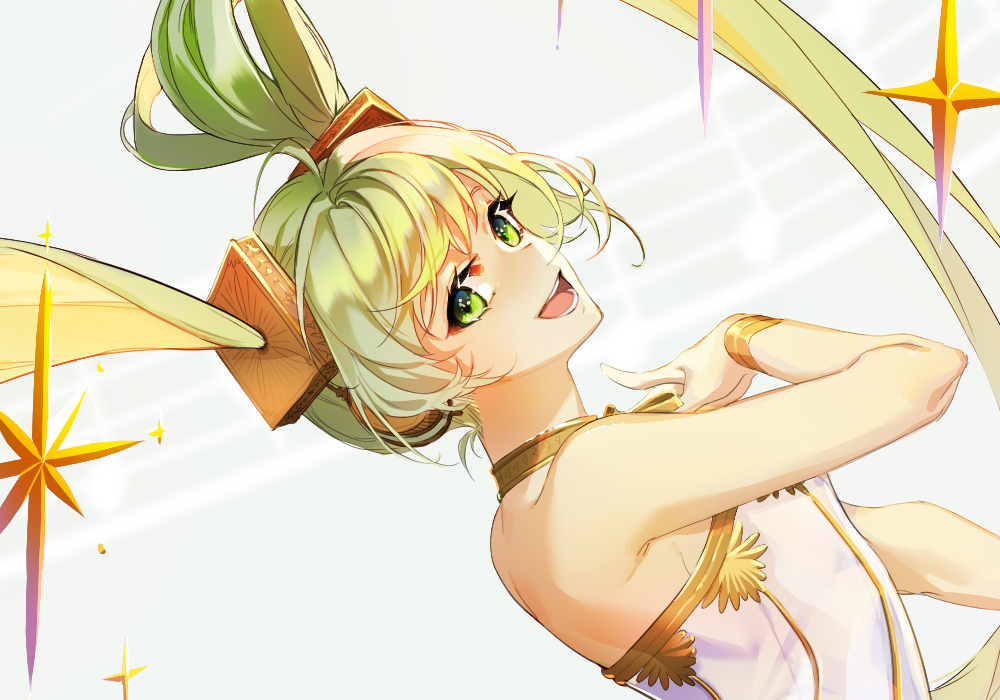 gramophone miku, hatsune miku, miku symphony (vocaloid), vocaloid, 1girl, bracelet, dauphinois, dress, gold bracelet, green eyes, green hair, hair ornament, jewelry, long hair, looking at viewer, official alternate costume, official alternate hairstyle, open mouth, smile, solo, strapless, strapless dress, tutu, twintails, white dress