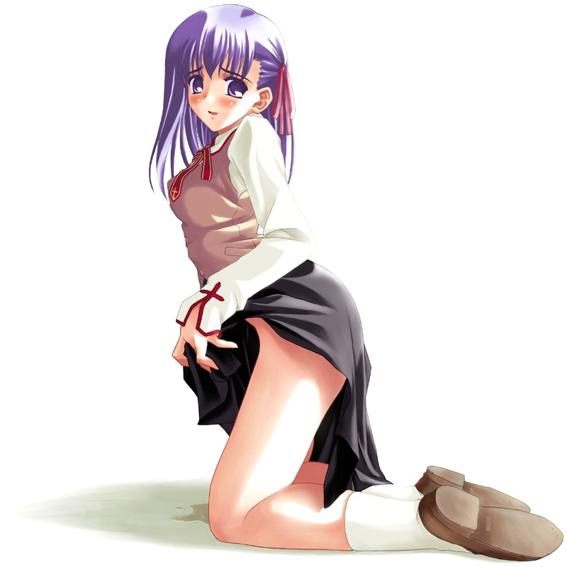 matou sakura, fate/stay night, fate (series), 00s, 1girl, blouse, blush, brown shoes, clothes lift, cross, cross print, embarrassed, female focus, homurabara academy school uniform, kneeling, lifting own clothes, no panties, pee, peeing, puddle, school uniform, serafuku, shirt, shoes, skirt, skirt lift, socks, solo, white shirt, white socks