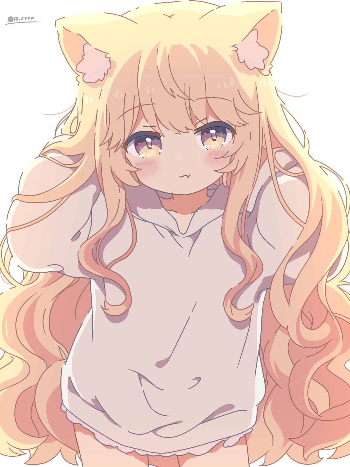 lil (lil xyzw), original, highres, 1girl, animal ears, blonde hair, cat ears, cat girl, fang, hands in own hair, hood, hood down, hoodie, long hair, long sleeves, looking at viewer, ruffling hair, skin fang, very long hair, wavy hair, white hoodie, yellow eyes
