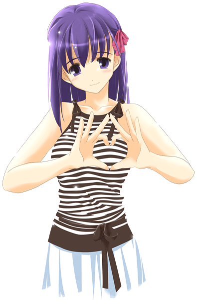 matou sakura, fate/stay night, fate (series), striped, artist request, 00s, 1girl, black eyes, blush, bow, female focus, four-finger heart hands, hair bow, hair ornament, heart, heart hands, long hair, looking at viewer, purple eyes, purple hair, skirt, smile, solo, standing, tank top, transparent background, white skirt