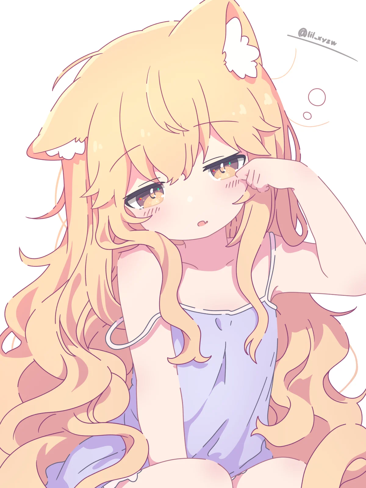 lil (lil xyzw), original, highres, webp-to-png conversion, 1girl, animal ears, blonde hair, blue camisole, camisole, cat ears, cat girl, cat tail, half-closed eyes, long hair, looking at viewer, rubbing eyes, simple background, sleepy, squeans, strap slip, tail, very long hair, white background