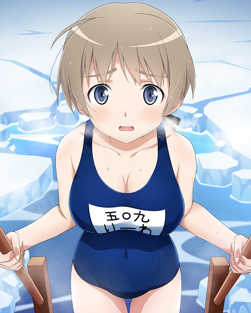 lynette bishop, strike witches, world witches series, 1girl, blue eyes, blue one-piece swimsuit, blush, breasts, brown hair, cleavage, collarbone, covered navel, ice, large breasts, looking at viewer, one-piece swimsuit, open mouth, outdoors, solo, swimsuit