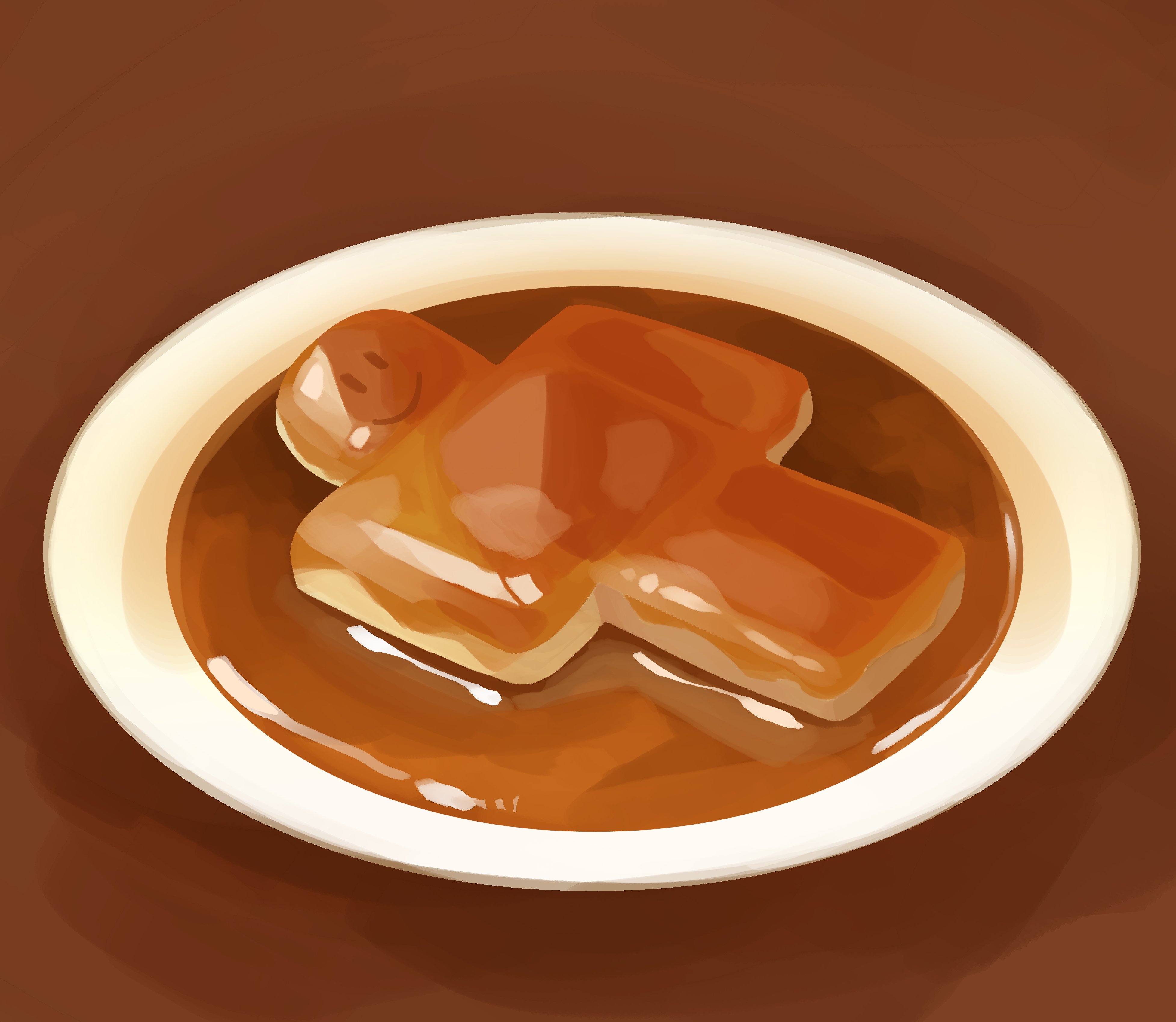 himochuu, roblox, absurdres, commentary, english commentary, highres, brown theme, character-themed food, dessert, food, no humans, painterly, plate, pudding, smile