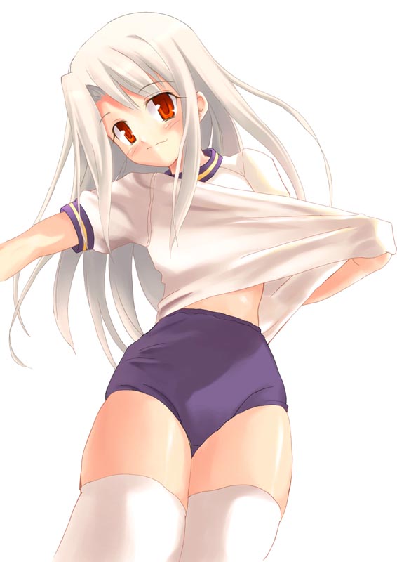 soba (saz), illyasviel von einzbern, fate/stay night, fate (series), 00s, 1girl, buruma, child, clothes pull, female focus, gym uniform, long hair, official alternate costume, purple buruma, red eyes, shirt pull, solo, thighhighs, white hair, white thighhighs