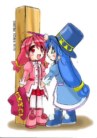 fine (futagohime), rein (futagohime), fushigiboshi no futago hime, lowres, 00s, 2girls, blue hair, blush, boots, coat, full body, hat, holding, holding unworn clothes, holding unworn hat, long hair, looking up, measuring, multiple girls, overcoat, pantyhose, pink hair, plaid clothes, plaid skirt, puffy sleeves, red skirt, skirt, smile, standing, top hat, twintails, unworn hat, unworn headwear, very long hair