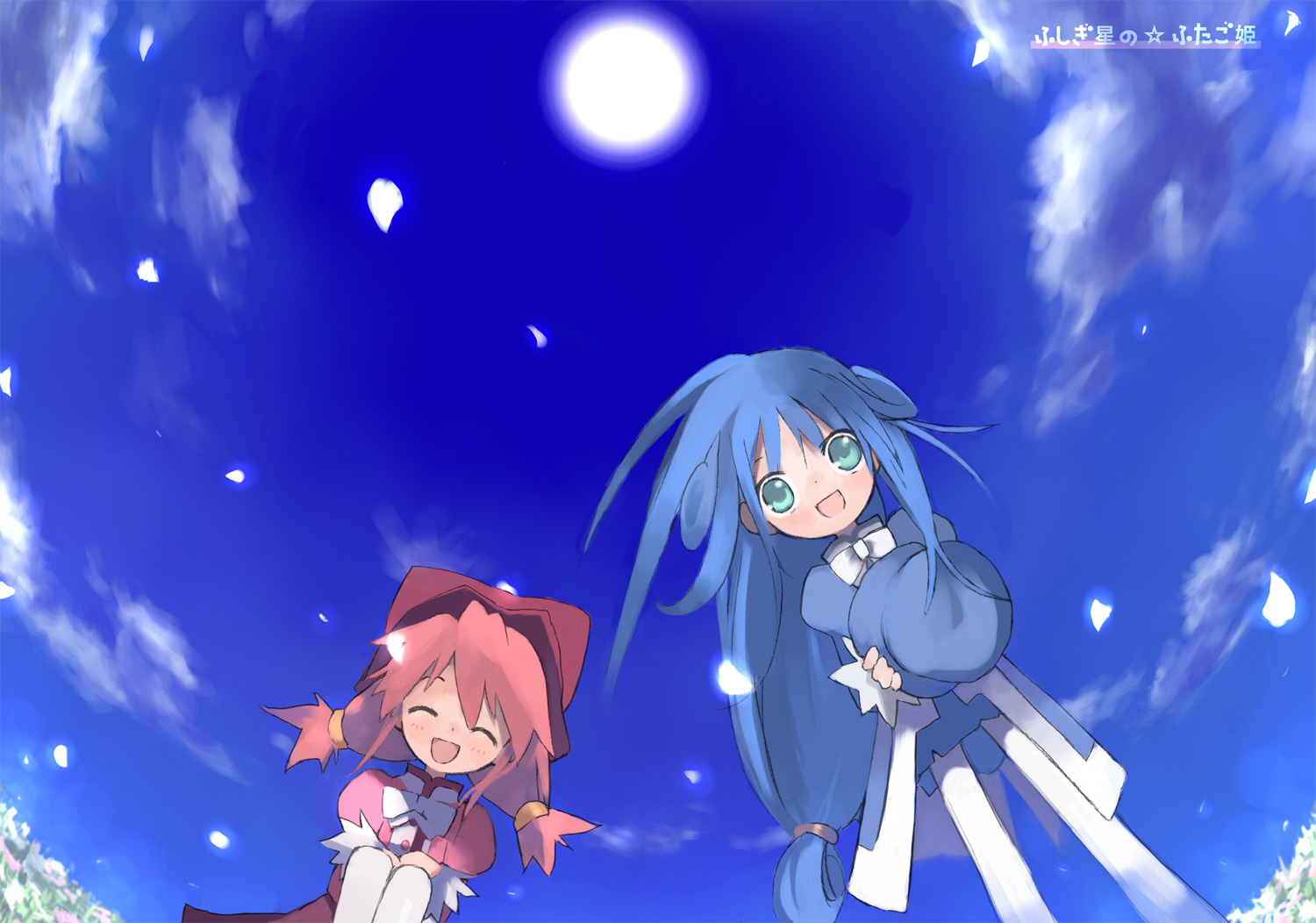 mitsuki mouse, fine (futagohime), rein (futagohime), fushigiboshi no futago hime, 00s, 2girls, blue hair, closed eyes, cloud, coat, copyright name, day, dutch angle, field, floating hair, flower, hat, holding, holding unworn clothes, holding unworn hat, long hair, looking at viewer, multiple girls, overcoat, pantyhose, petals, pink hair, puffy sleeves, sky, smile, standing, top hat, twintails, unworn hat, unworn headwear, very long hair, wind