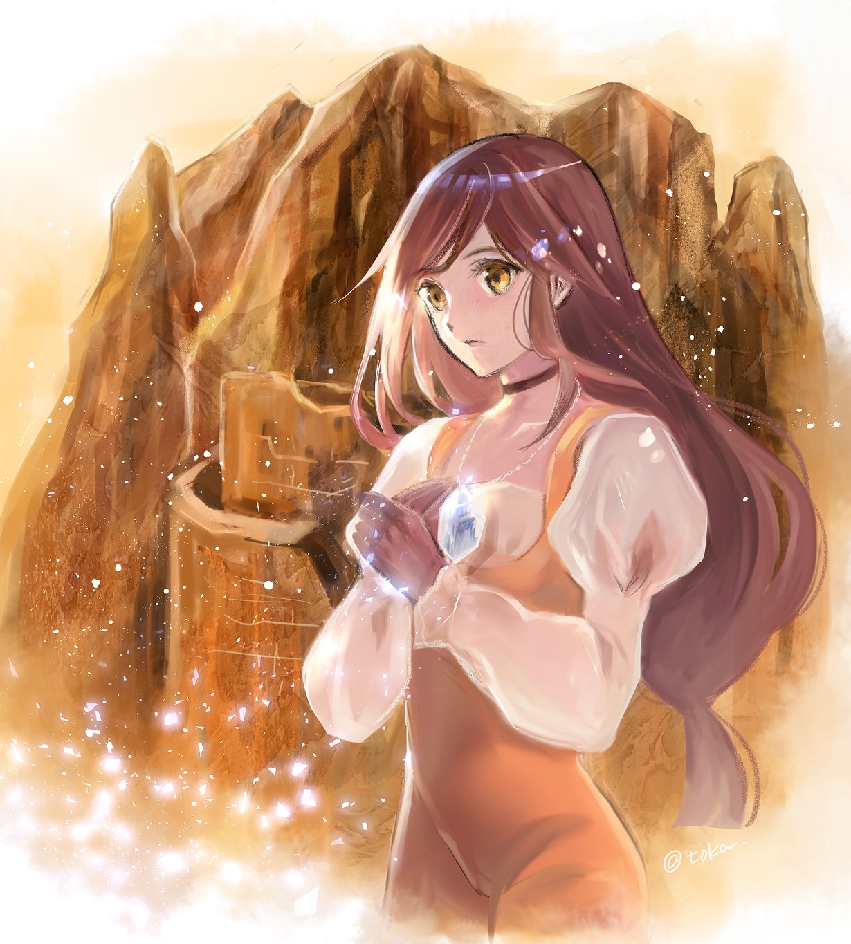 quichi 91, garnet til alexandros xvii, final fantasy, final fantasy ix, highres, 1girl, black choker, bodysuit, breasts, brown eyes, brown gloves, brown hair, choker, crystal, gloves, hand on own chest, jewelry, juliet sleeves, long hair, long sleeves, low-tied long hair, medium breasts, orange bodysuit, pendant, puffy sleeves, shirt, sketch, solo, swept bangs, twitter username, upper body, white shirt