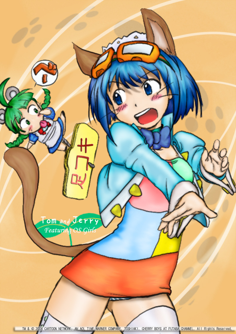 2k-tan, me-tan, os-tan, tom and jerry, white legwear, 2girls, ahoge, akanbe, animal ears, blue eyes, blue hair, blush, bow, bowtie, braid, cat ears, cat tail, cropped jacket, eyelid pull, glasses, goggles, goggles on head, green eyes, green hair, miniskirt, mouse ears, multiple girls, open mouth, panties, pantyshot, short hair, skirt, standing, striped clothes, striped panties, tail, thighhighs, tongue, tongue out, twin braids, underwear, whiskers, wrist cuffs
