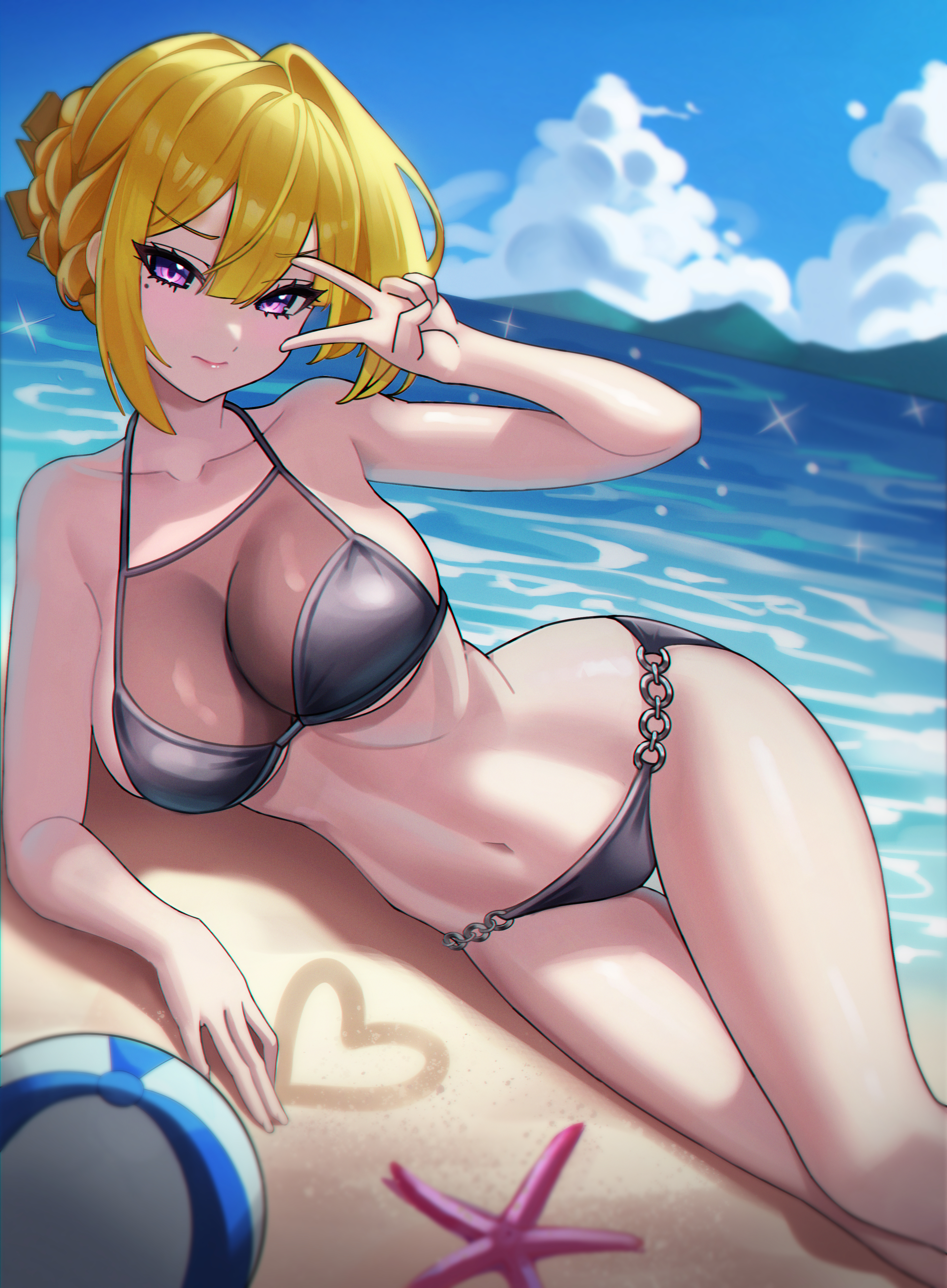 sglike365, evelyn chevalier, zenless zone zero, absurdres, commentary, highres, 1girl, alternate costume, bare shoulders, bikini, black bikini, blonde hair, blue sky, blush, breasts, closed mouth, collarbone, day, drawing on sand, feet out of frame, halterneck, hand up, heart, large breasts, looking at viewer, mole, mole under eye, navel, ocean, outdoors, purple eyes, see-through bikini, see-through clothes, short hair, sky, solo, stomach, swimsuit, thigh gap, thighs, v