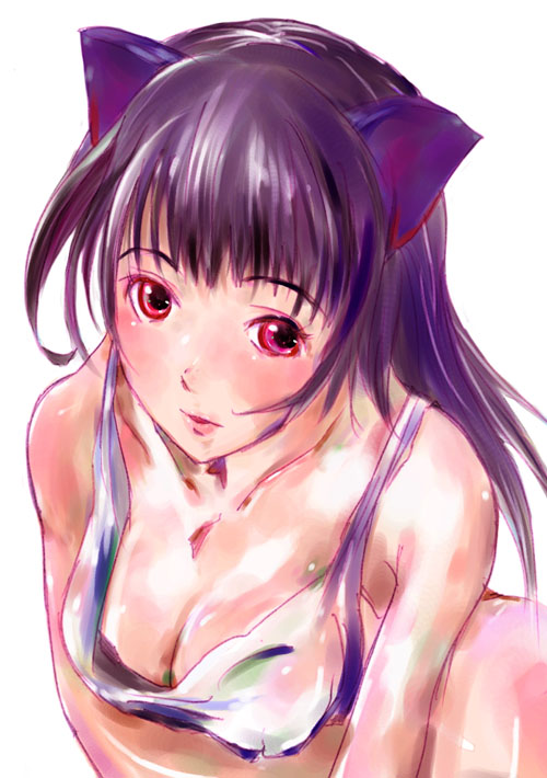 kokeshi men, original, tagme, 1girl, animal ears, bare shoulders, blush, breasts, cat ears, cat girl, cleavage, female focus, lips, medium breasts, pink eyes, purple hair, red eyes, simple background, solo, white background
