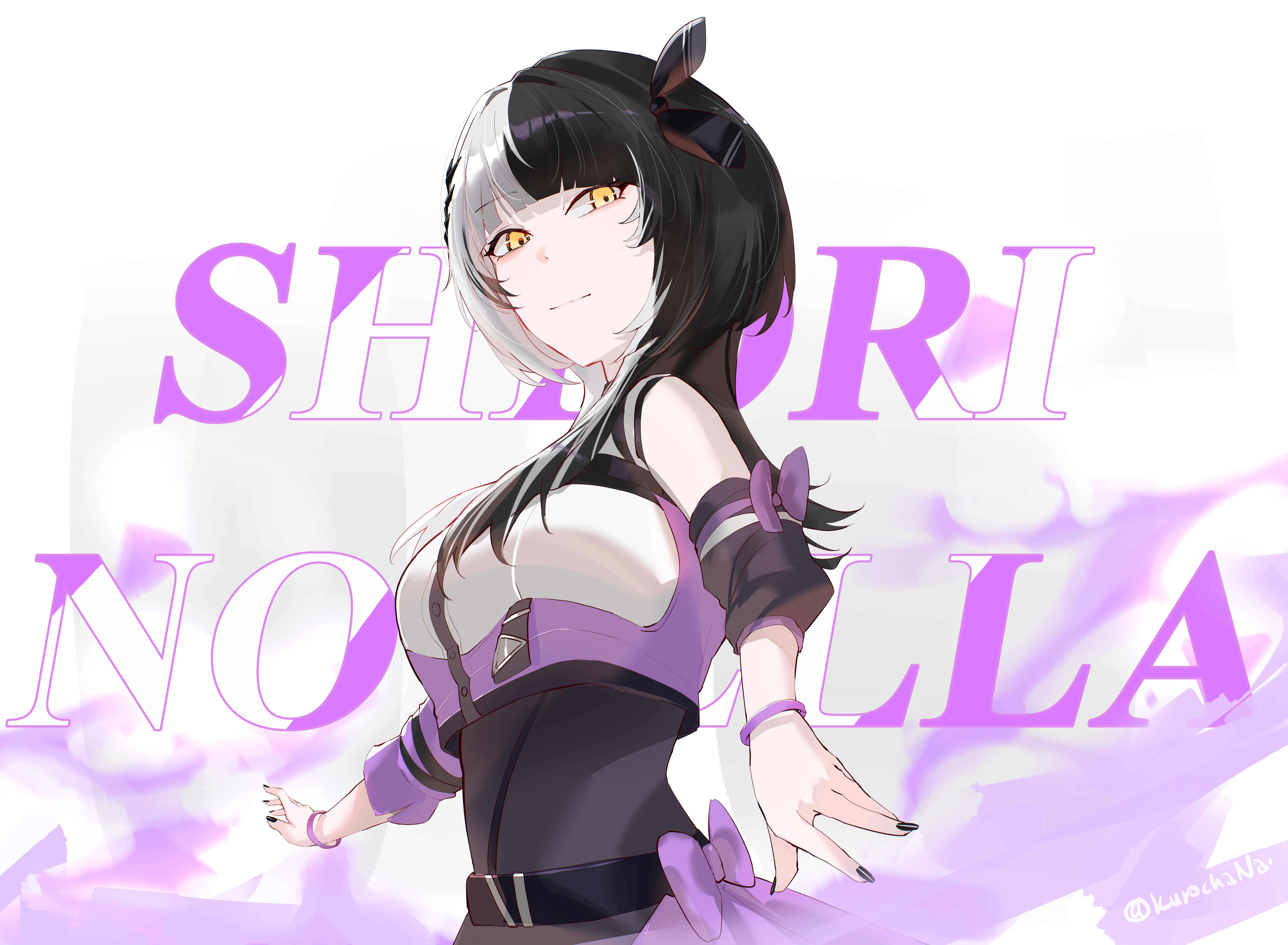 kurochanai, shiori novella, hololive, hololive english, absurdres, highres, 1girl, black hair, black nails, bow, bracelet, character name, closed mouth, grey hair, idol clothes, jewelry, long hair, looking at viewer, multicolored hair, multicolored shirt, purple bow, purple shirt, shirt, solo, split-color hair, two-tone hair, virtual youtuber, white shirt, yellow eyes