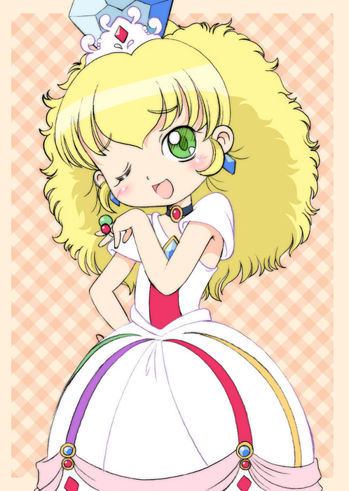hatomugi (mamotan), altessa, fushigiboshi no futago hime, shogakukan, 00s, 1girl, argyle background, argyle clothes, blonde hair, blue eyes, blush, crown, diamond (gemstone), dress, earrings, female focus, gown, head tilt, jewelry, laughing, ojou-sama pose, one eye closed, open mouth, orange background, princess, ring, solo, tiara, wink