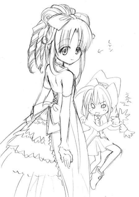 tuki, fine (futagohime), rein (futagohime), fushigiboshi no futago hime, translation request, 00s, 2girls, ahoge, back, boots, bow, bowtie, dress, drill hair, elbow gloves, gloves, greyscale, hair bow, hat, looking back, monochrome, multiple girls, o o, open mouth, ponytail, short hair, short twintails, skirt, smile, surprised, sweat, twintails