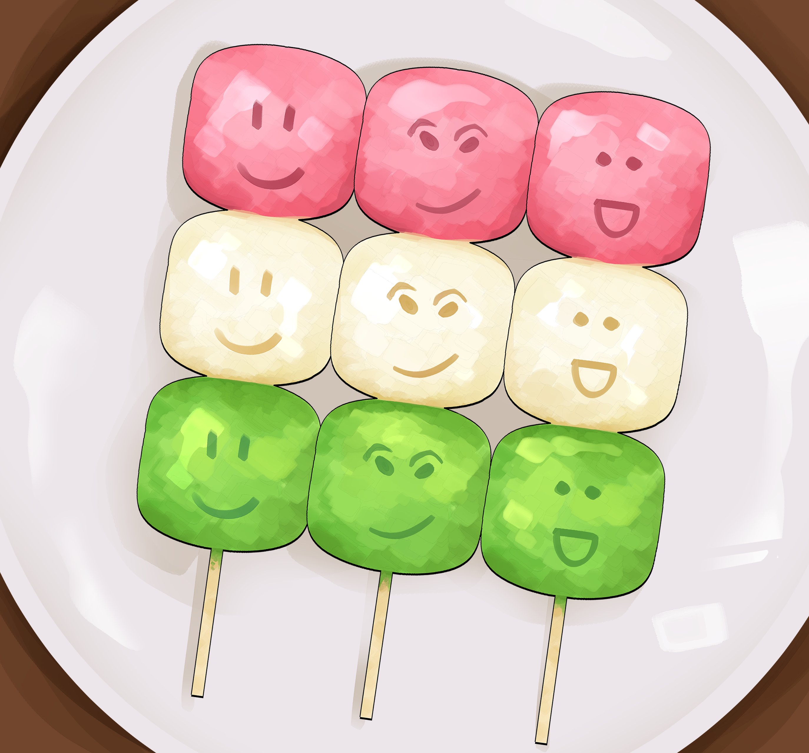 himochuu, roblox, absurdres, commentary, highres, symbol-only commentary, :d, character-themed food, dango, food, food focus, from above, multiple expressions, no humans, open mouth, painterly, sanshoku dango, smile, smirk, wagashi