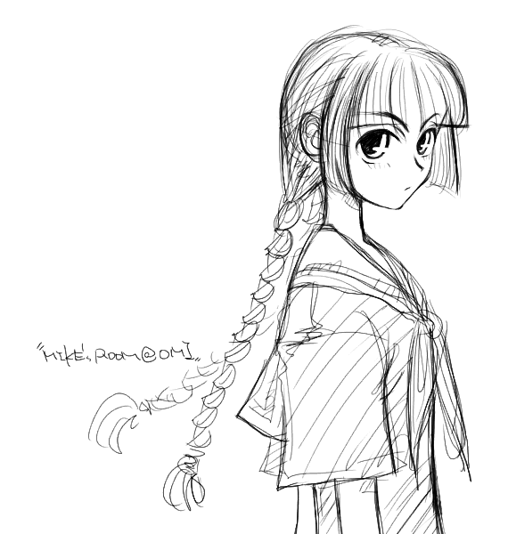 mike156, shimazu yoshino, maria-sama ga miteru, 00s, 1girl, braid, expressionless, female focus, greyscale, long hair, monochrome, school uniform, solo, transparent background, white background