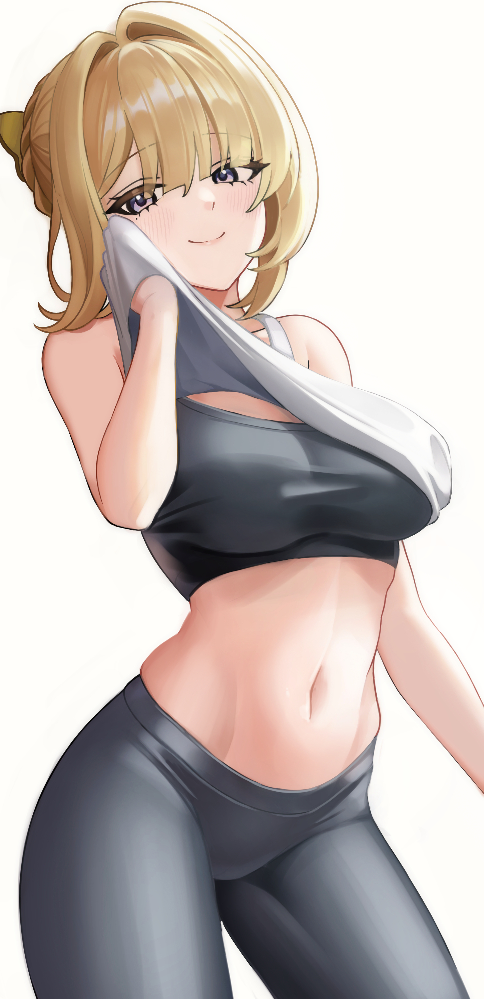 sglike365, evelyn chevalier, zenless zone zero, absurdres, commentary, highres, 1girl, alternate costume, bare shoulders, blonde hair, blush, closed mouth, cowboy shot, grey pants, grey sports bra, hair ornament, looking at viewer, navel, pants, purple eyes, shirt, short hair, simple background, smile, solo, sports bra, stomach, white background, white shirt, wiping sweat, yoga pants