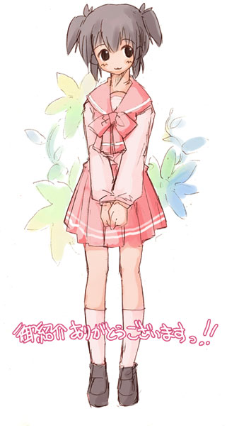 momiji mao, yuzuhara konomi, to heart (series), to heart 2, translated, 00s, 1girl, black eyes, blush, bow, female focus, grey hair, kneehighs, pleated skirt, school uniform, serafuku, short hair, short twintails, skirt, smile, socks, solo, twintails, v arms, white socks