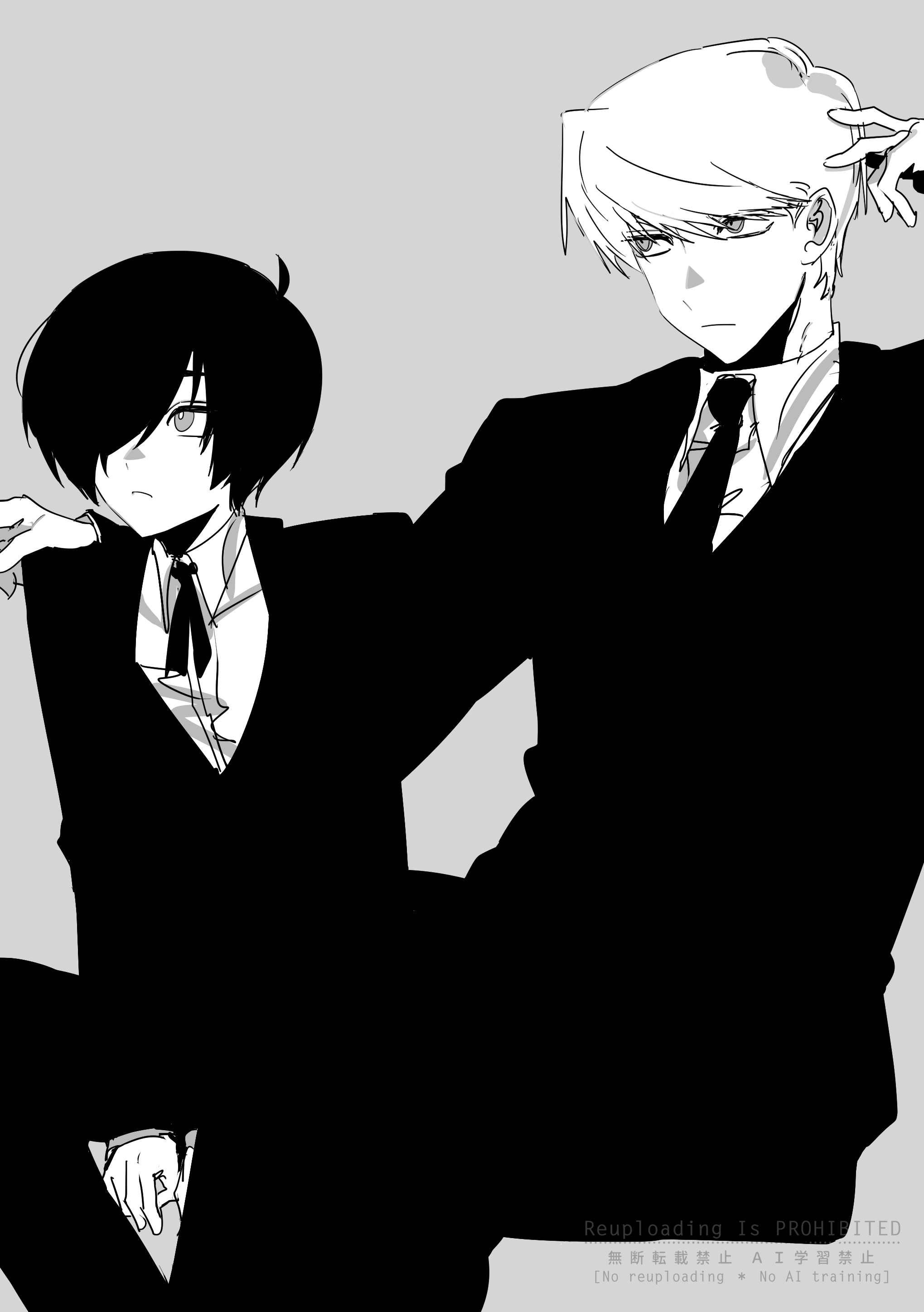 nmnmmmnnm, narukami yu, yuuki makoto (persona 3), persona, persona 3, persona 4, absurdres, highres, 2boys, alternate costume, black jacket, black necktie, black pants, closed mouth, grey background, greyscale, hand on another's shoulder, hand up, jacket, male focus, monochrome, multiple boys, necktie, pants, shirt, short hair, simple background, sitting, white shirt