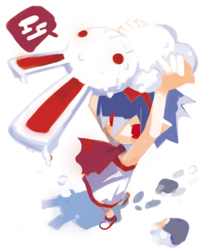 harada takehito, pleinair, usagi-san, nippon ichi, original, lowres, 1girl, blue hair, female focus, from above, pointy ears, rabbit, red eyes, solo