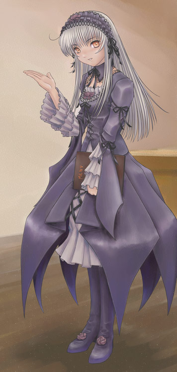 shirayuki shoushirou, suigintou, rozen maiden, 00s, 1girl, bonnet, book, boots, dress, female focus, frills, goth fashion, grey hair, holding, holding book, jewelry, looking at viewer, menu, necklace, orange eyes, solo, waitress