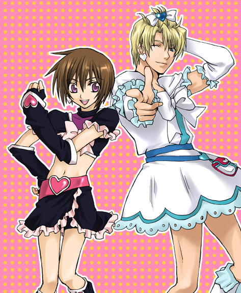 cure black, cure white, kira yamato, mu la flaga, futari wa precure, gundam, gundam seed, precure, 2boys, blonde hair, brown hair, cosplay, crossdressing, crossdressing (mtf), crossover, cure black (cosplay), cure white (cosplay), earrings, elbow gloves, gloves, jewelry, magical girl, male focus, midriff, multiple boys, parody, pink background, pointing, purple eyes, seed, short hair