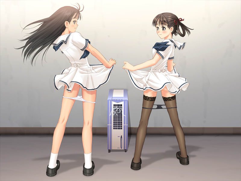 tony taka, mizushima asa, sorayama natsume, sora no iro mizu no iro, lace-trimmed legwear, game cg, 00s, 2girls, air conditioner, black hair, black panties, black thighhighs, bow, clothes lift, dress, dress lift, electric fan, eye contact, fanning crotch, from behind, hair ribbon, kneepits, lace, lace trim, loli, long hair, looking at another, miniskirt, multiple girls, panties, panty pull, petite, pleated skirt, ribbon, sailor dress, school uniform, serafuku, skirt, skirt lift, socks, thighhighs, twintails, underwear, white panties, zettai ryouiki