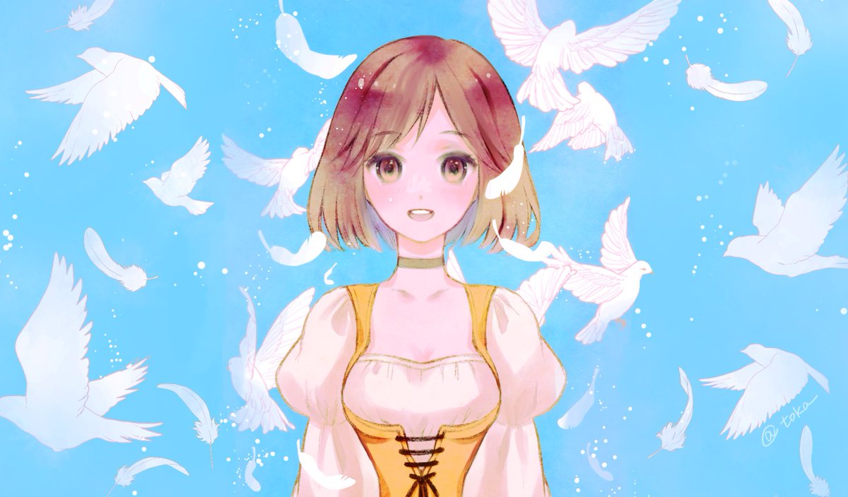 quichi 91, garnet til alexandros xvii, final fantasy, final fantasy ix, 1girl, bird, blue background, blue sky, bodysuit, breasts, brown eyes, brown hair, choker, flock, grey choker, juliet sleeves, long sleeves, looking at viewer, medium breasts, open mouth, orange bodysuit, puffy sleeves, shirt, short hair, sky, solo, upper body, white bird, white shirt