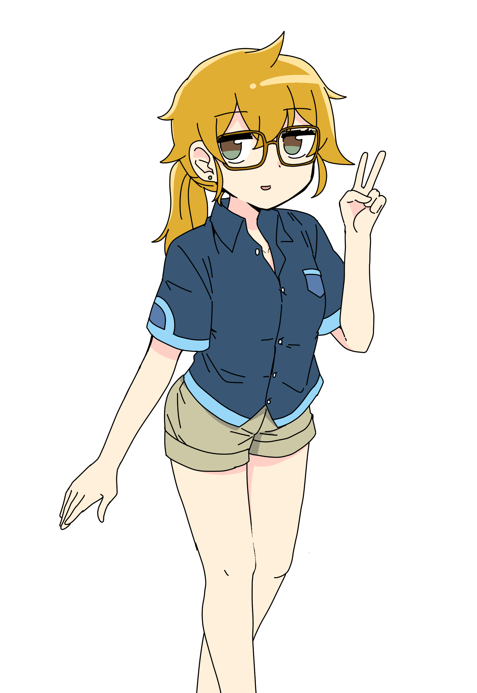 chan chiho, nao (70 pocky), chan mama, nintendo, pokemon, pokemon kids tv, absurdres, commentary request, highres, 1girl, blue shirt, breast pocket, brown-framed eyewear, brown hair, buttons, chan chiho (cosplay), collared shirt, cosplay, cowboy shot, earrings, eyelashes, glasses, grey shorts, jewelry, long hair, open mouth, pocket, ponytail, shirt, short shorts, short sleeves, shorts, simple background, smile, solo, v, white background