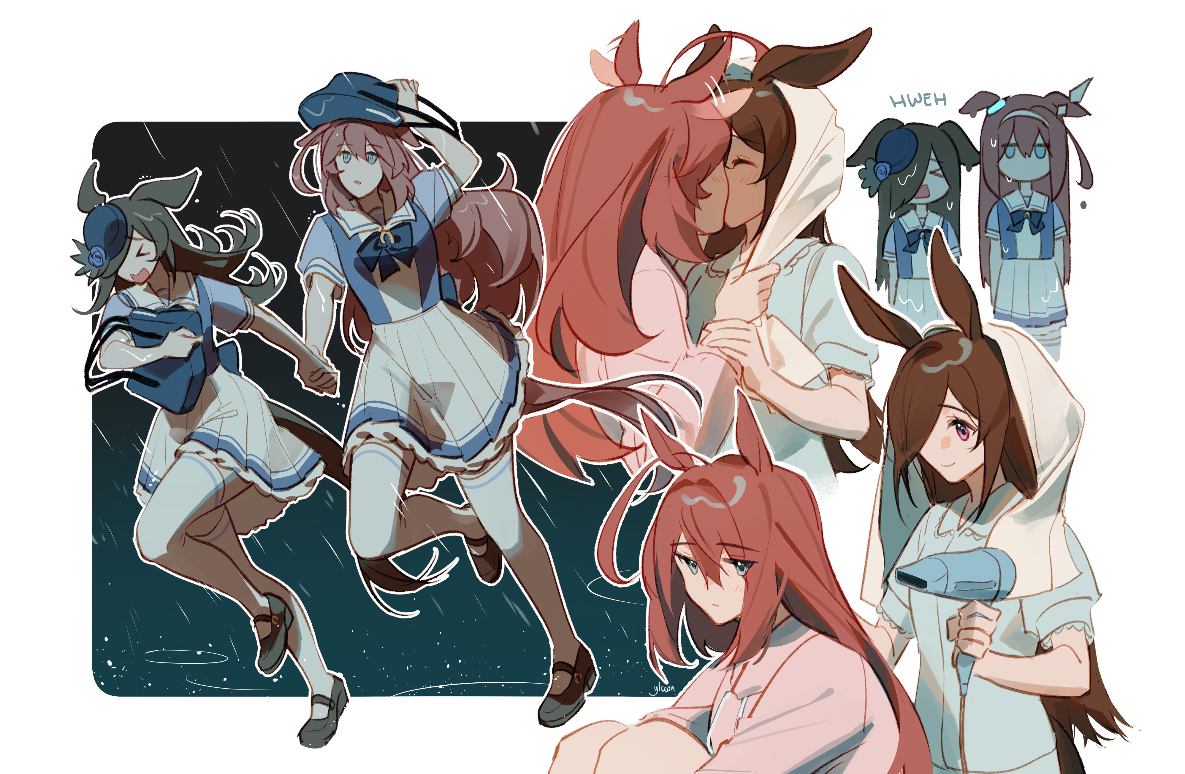 ylceon, mihono bourbon (umamusume), rice shower (umamusume), umamusume, absurdres, commentary, english commentary, highres, > <, 2girls, animal ears, black hair, black hat, blue eyes, blue shirt, blush, closed eyes, hair dryer, hair over one eye, hat, holding, holding hair dryer, horse ears, horse girl, horse tail, kiss, long hair, multiple girls, pink shirt, pleated skirt, purple eyes, rain, red hair, school uniform, shirt, skirt, smile, tail, towel, towel on head, tracen school uniform, wet, wet hair, white skirt, yuri