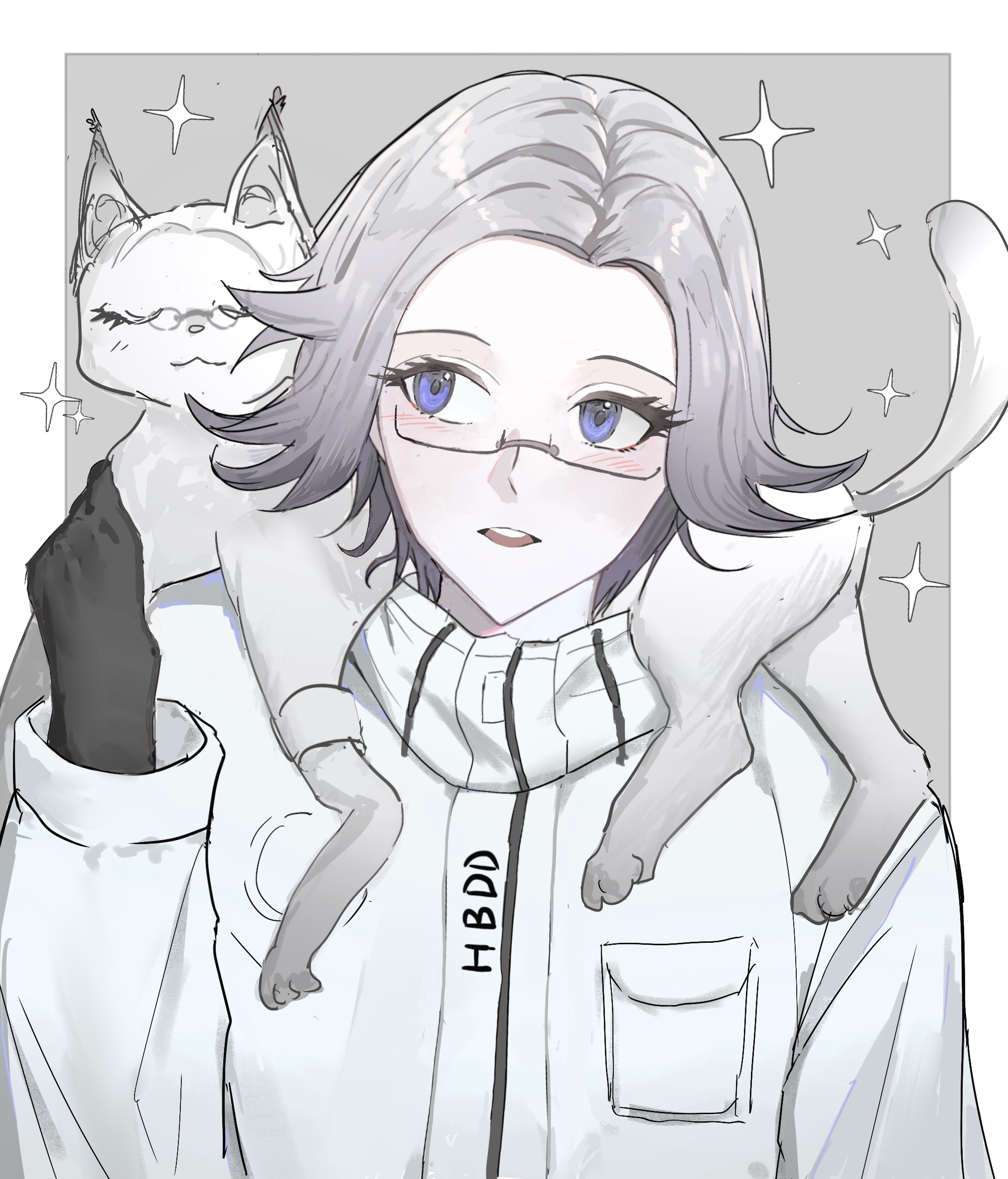 aotsuki eito, the hundred line -last defense academy-, highres, 1boy, animal, animal on shoulder, azureyui, black gloves, border, breast pocket, cat, cat on shoulder, glasses, gloves, grey background, grey hair, jacket, light blush, looking at animal, male focus, outside border, pocket, purple eyes, short hair, simple background, solo, upper body, white border